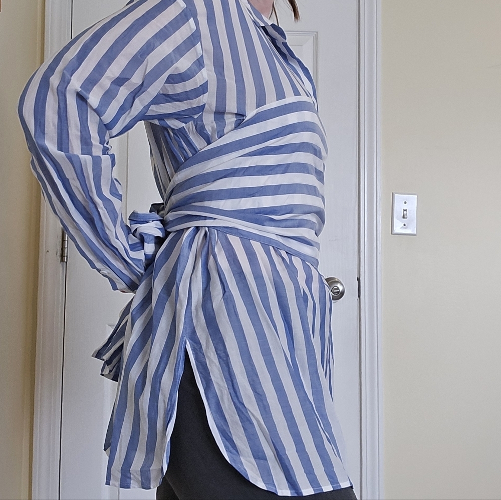 Lewit Designer Luxury Cotton Blue Striped Tie Waist Women's Blouse Medium - Picture 4 of 12